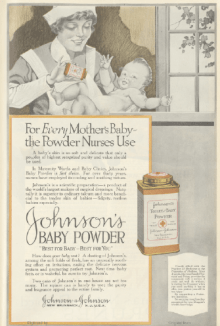 Johnson's Baby Powder ad, maid sprinkling powder on baby, Ladies' Home Journal, 1920.
