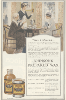 Johnson's Prepared Wax ad, maid holding up can of wax, Ladies' Home Journal, 1920.