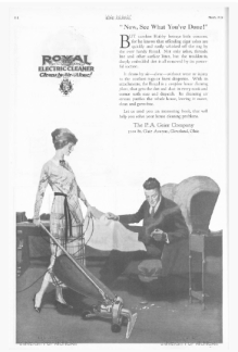 Vacuum cleaner ad, husband dropping things on floor as wife vacuums, Ladies' Home Journal, 1920.