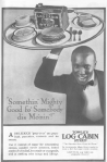 Log Cabin syrup advertisement, African-American servant with platter of food, Ladies' Home Journal, 1920.