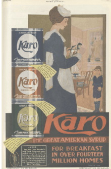 Karo syrup ad, maid pouring syrup with boy, Ladies' Home Journal, 1920.