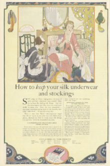 Hosiery ad, maid helping woman put on stocking, Ladies' Home Journal, 1920.