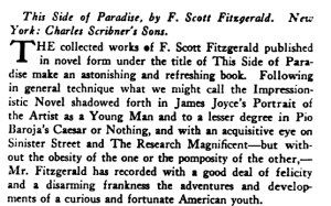 New Republic review, This Side of Paradise, F. Scott Fitzgerald, May 12, 1920.