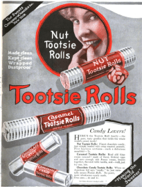 Tootsie Roll ad, Saturday Evening Post, May 22, 1920, woman putting candy in mouth.