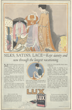 Lux soap ad, Ladies' Home Journal, 1920, woman packing clothes.