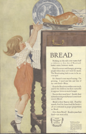 Fleischmann's Yeast ad, child reaching for bread, Ladies' Home Journal, 1920.