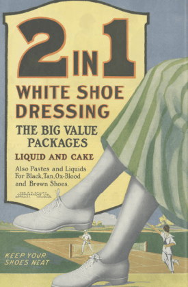 2 in 1 shoe polish ad, woman's foot in white shoes, Ladies' Home Journal, 1920.