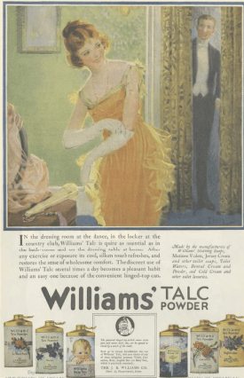 Williams' Talcum Powder ad, woman in dressing room with man in doorway, Ladies' Home Journal, 1920.