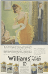 Williams' Talcum Powder ad, woman in dressing room with man in doorway, Ladies' Home Journal, 1920.