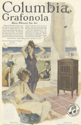 Columbia Grafonola ad, people at beach house listening to gramophone, Ladies' Home Journal, 1920.