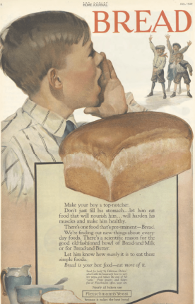 Fleischmann's Yeast ad, boy calling friends, loaf of bread, Ladies' Home Journal, 1920.