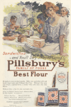 Pillsbury's flour ad, people at picnic with cakes, Ladies' Home Journal, 1920.