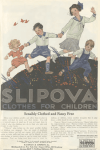Slipova clothes for children ad, children playing outdoors, Ladies' Home Journal, 1920.