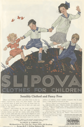 Slipova clothes for children ad, children playing outdoors, Ladies' Home Journal, 1920.