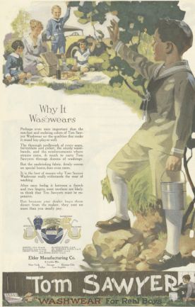 Tom Sawyer clothes ad, boy waving to people having picnic, Ladies' Home Journal, 1920.
