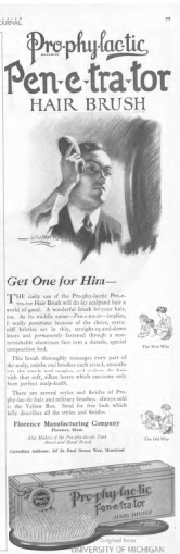 Prophelactic Penetrator hairbrush ad, man brushing hair, Ladies' Home Journal, 1920.