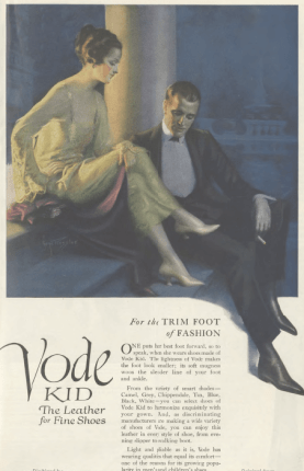 Vode shoe ad, man in evening clothes staring at woman's foot, Ladies' Home Journal, 1920.