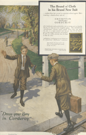 Compton Corduroy ad, boy arriving at school, Ladies' Home Journal, 1920.