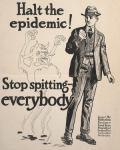 Poster of man next to devil with text "Halt the epidemic! Stop spitting everybody," 1918.