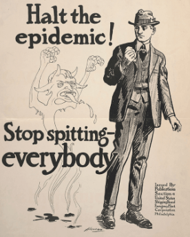 Poster of man next to devil with text "Halt the epidemic! Stop spitting everybody," 1918.
