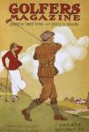 Golfers magazine, September 1920, man swinging golf club while woman watches.