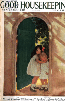 Good Housekeeping cover, Jesse Wilcox Smith, September 1920, little girls hugging in doorway.