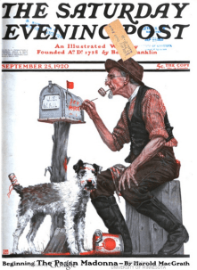 Saturday Evening post cover, September 25, 1920, Alfred E. Orr, man painting name on mailbox.