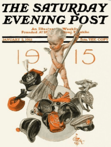 Saturday Evening Post January 9, 1915 cover, J.C. Leyendecker, New Year's baby brushing away military hats.