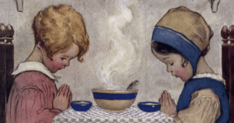 Jessie Willcox Smith cover, Good Housekeeping, November 2020, two children praying over soup.