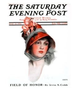 Saturday Evening Post Neysa McMein cover, 1916, woman wearing hat.