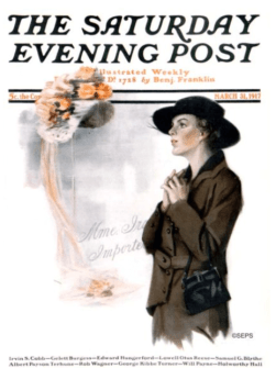 Edna Crompton Saturday Evening Post cover, 1917, woman looking longingly at hat.