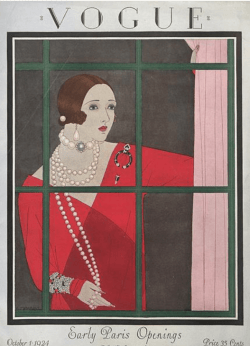 Harriet Meserole Vogue cover, 1924, woman looking out window.