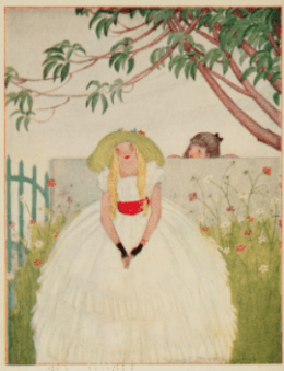 Frontispiece, Fairies and Chimneys by Rose Fylman, two girls separated by fence.