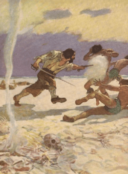 N.C. Wyeth illustration from Robinson Crusoe, Crusoe shooting murtherers.