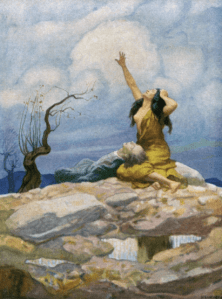 N.C. Wyeth illustration from Westward Ho!, bare-chested woman with dead man on her lap.