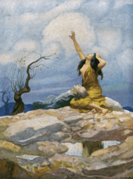 N.C. Wyeth illustration from Westward Ho!, bare-chested woman with dead man on her lap.