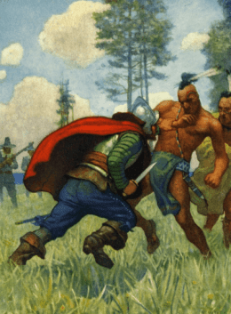 N.C. Wyeth illustration from The Courtship of Miles Standish, man stabbing Indian.