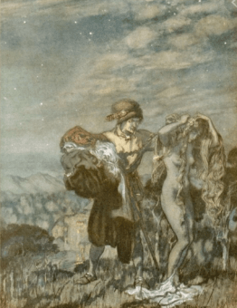 Arthur Rackham illustration of Yonge Andrew, from Some British Ballads, man with naked woman.