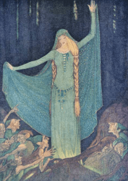 Illustration from Grimm's Fairy Tales by Elenore Abbott, woman in veil with long braids.
