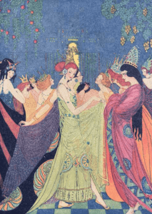Illustration from Grimm's Fairy Tales by Elenore Abbott, women at party.
