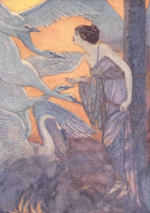 Illustration by Elenore Abbott, Grimm's Fairy Tales, 1920, woman with swans.