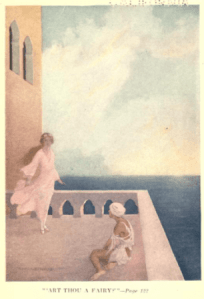 Illustration from The Jewish Fairy Book, girl and fairy on terrace.