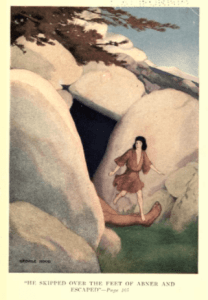 Illustration from The Jewish Fairy Book, man walking out of cave.