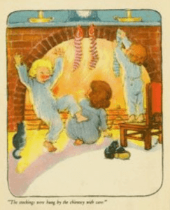 Nyce illustration, The Night Before Christmas, 1920, children dancing in front of fire.
