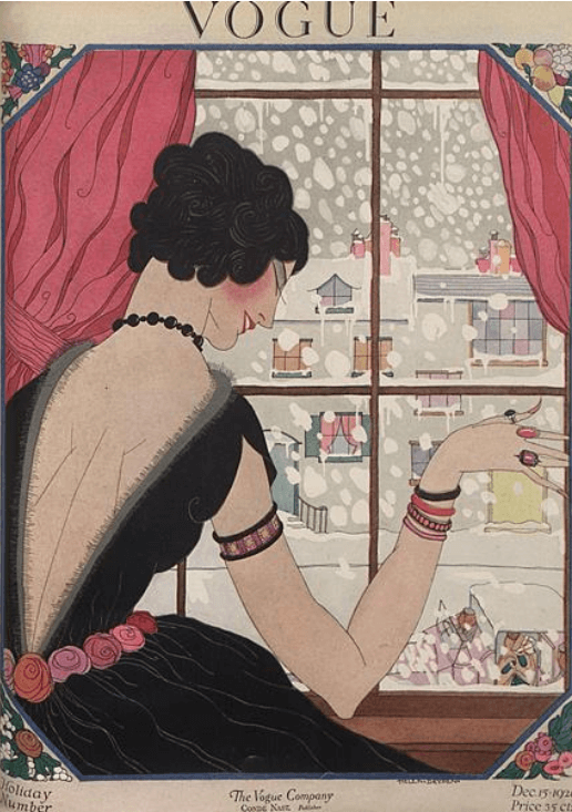 Helen Dryden Vogue cover, December 1920, woman looking out at snow.