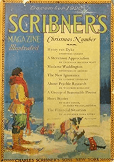 Scribner's cover, December 1920, man on skis.