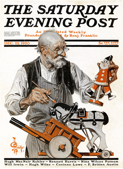 J.C. Leyendecker Saturday Evening Post December 25, 1920 cover, old man making toys.