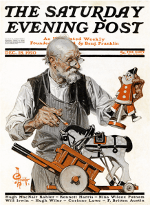 J.C. Leyendecker Saturday Evening Post December 25, 1920 cover, old man making toys.