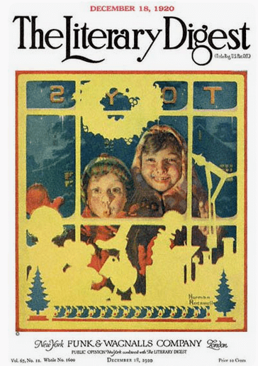 Literary Digest December 1920 Rockwell cover, children looking into toy story window.