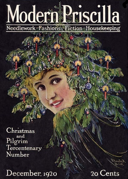 Blanche K. Brink Modern Priscilla cover, December 1920, woman's face in Christmas tree.